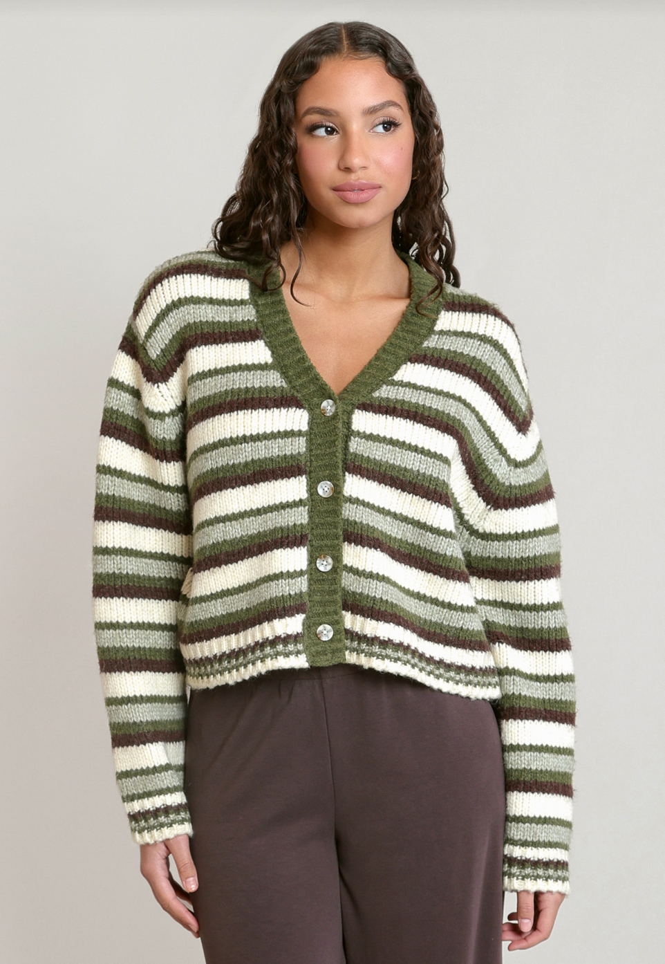DEX - Green and Brown Button Cardigan