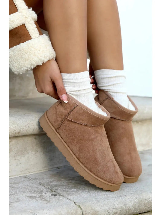 Camel Faux Suede Ultra Mini Cozy Snow Ankle Boots