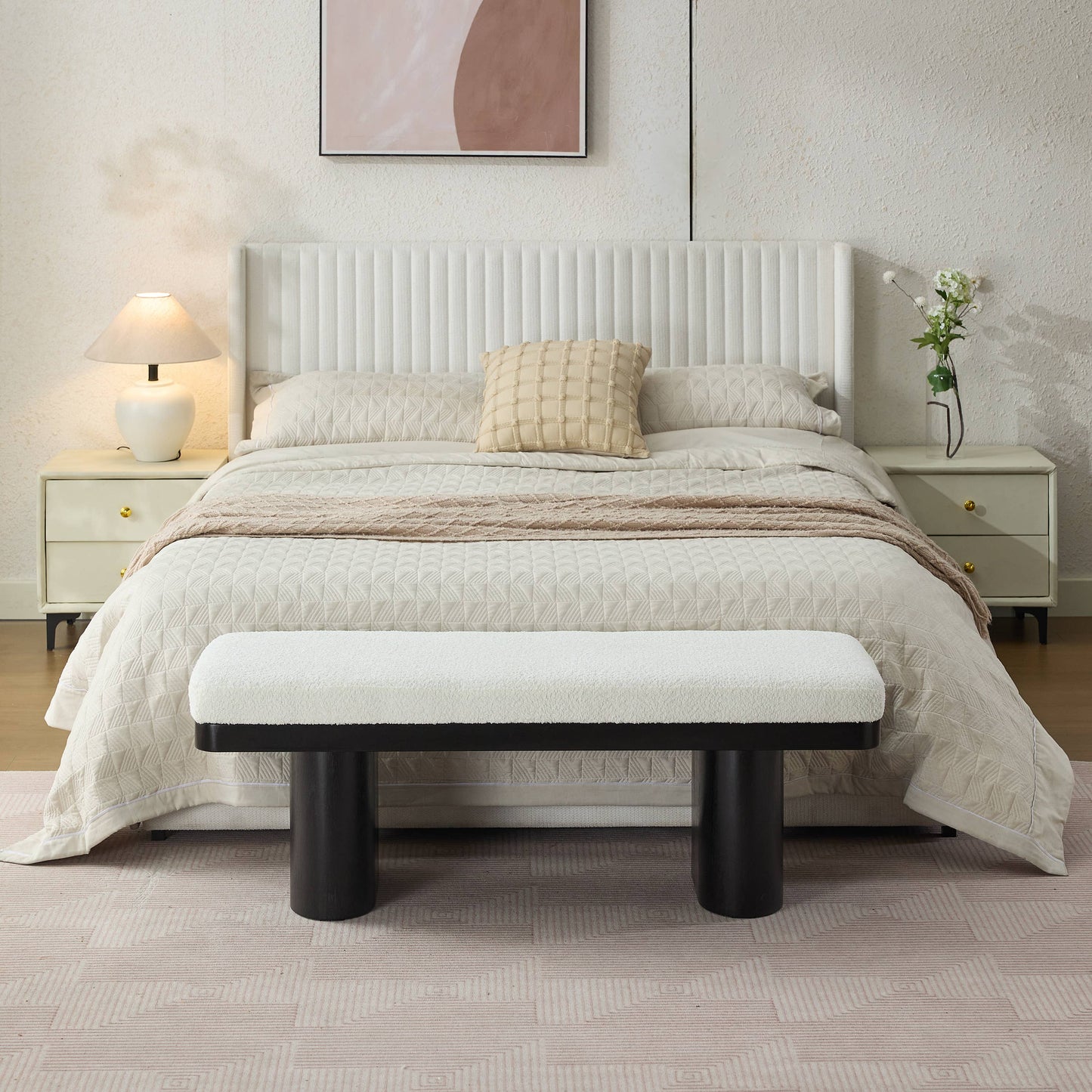 47.5" Wood Bed Bench Ottoman, Teddy Velvet Entryway Bench: Walnut