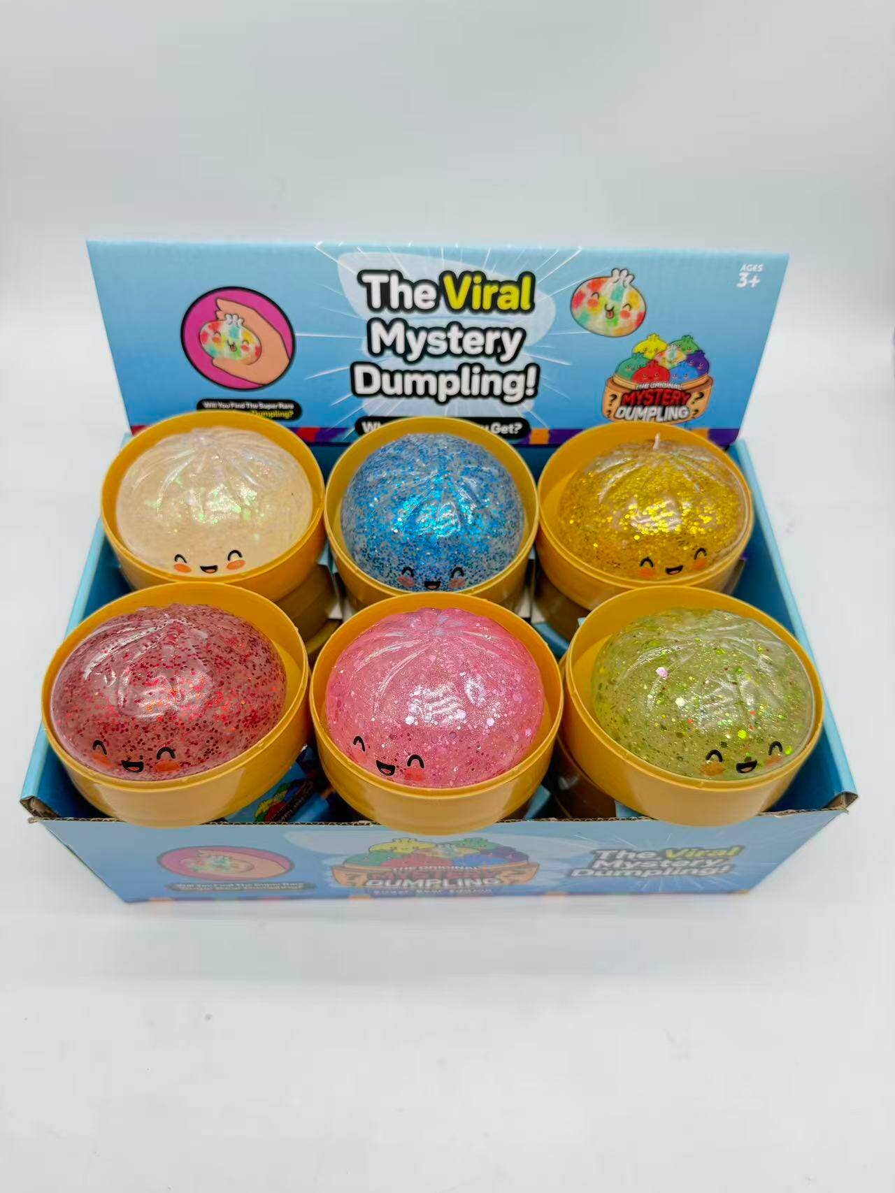 Colorful Glitter Dumpling Shape Squishy Fidget Stress Toy: TPR Dumpling Shape Squishy with Steamer Glitter Clear Shell Emoji Style