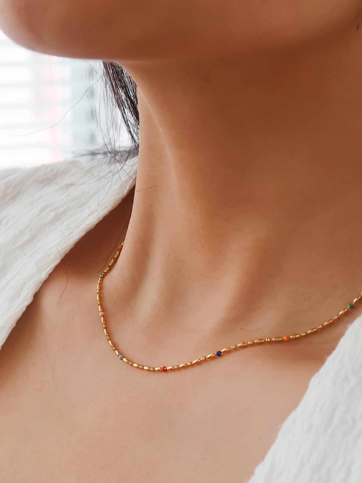 Tave 18K Gold Non-Tarnish Petite Beaded Necklace: Multi-Colored