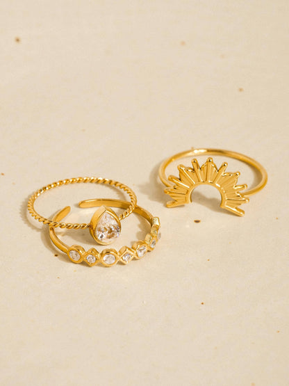 Françoise 18K Gold Non-Tarnish Sun Stone CZ Layered Ring: Yellow Gold