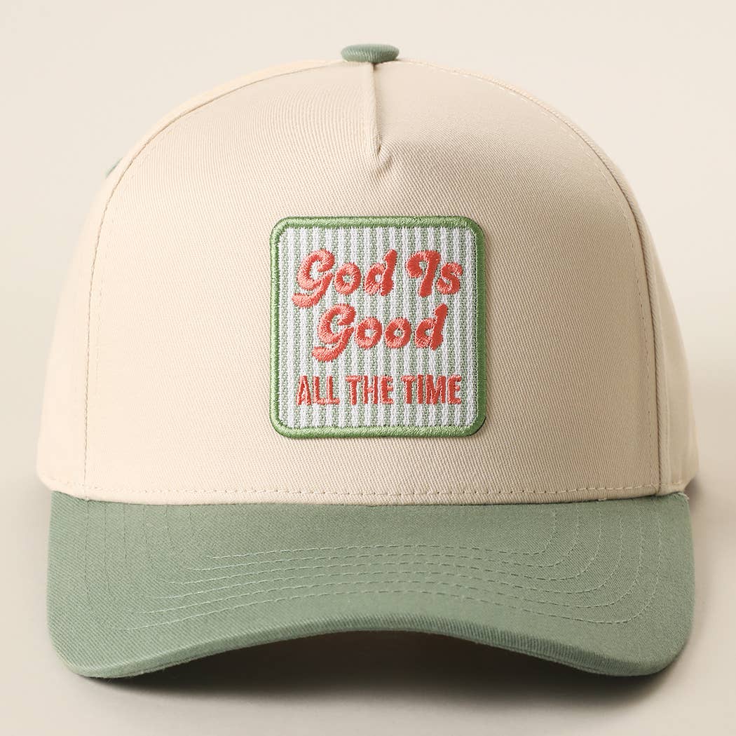 God Is Good Embroidered Patch Two-Tone Trucker Hat: SAGE-P325 / ONE SIZE