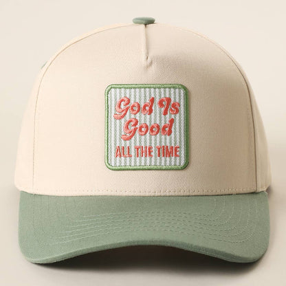 God Is Good Embroidered Patch Two-Tone Trucker Hat: SAGE-P325 / ONE SIZE