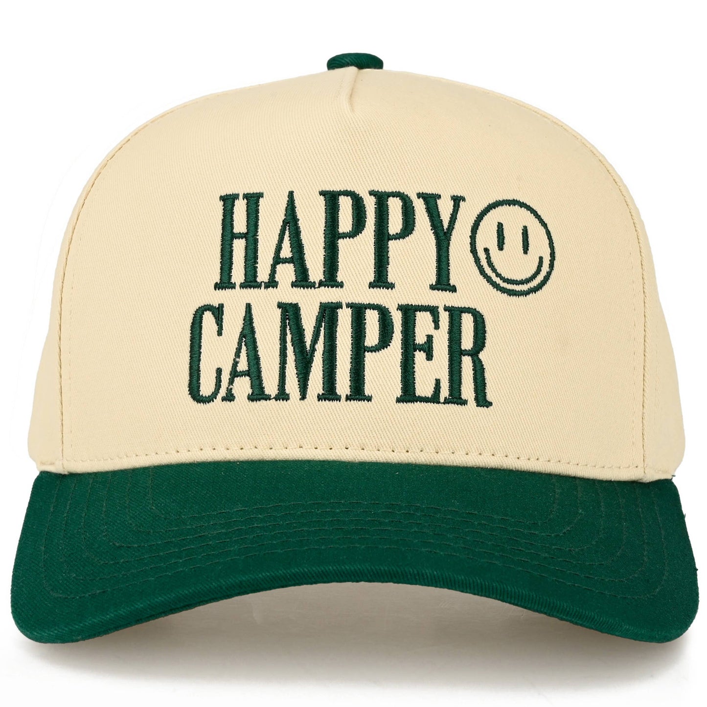 C.C HAPPY CAMPER Letter Embroidered on Two Tone Trucker Hat: Dark Green