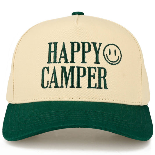 C.C HAPPY CAMPER Letter Embroidered on Two Tone Trucker Hat: Dark Green