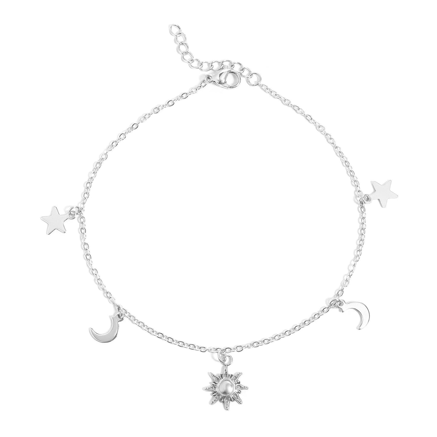 18K Gold PVD Stainless Steel Moon & Star Charm Anklet: Gold