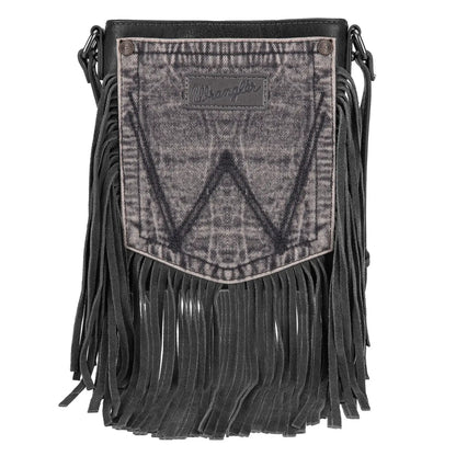 Wrangler Leather Fringe Jean Denim Pocket Crossbody - Light Black