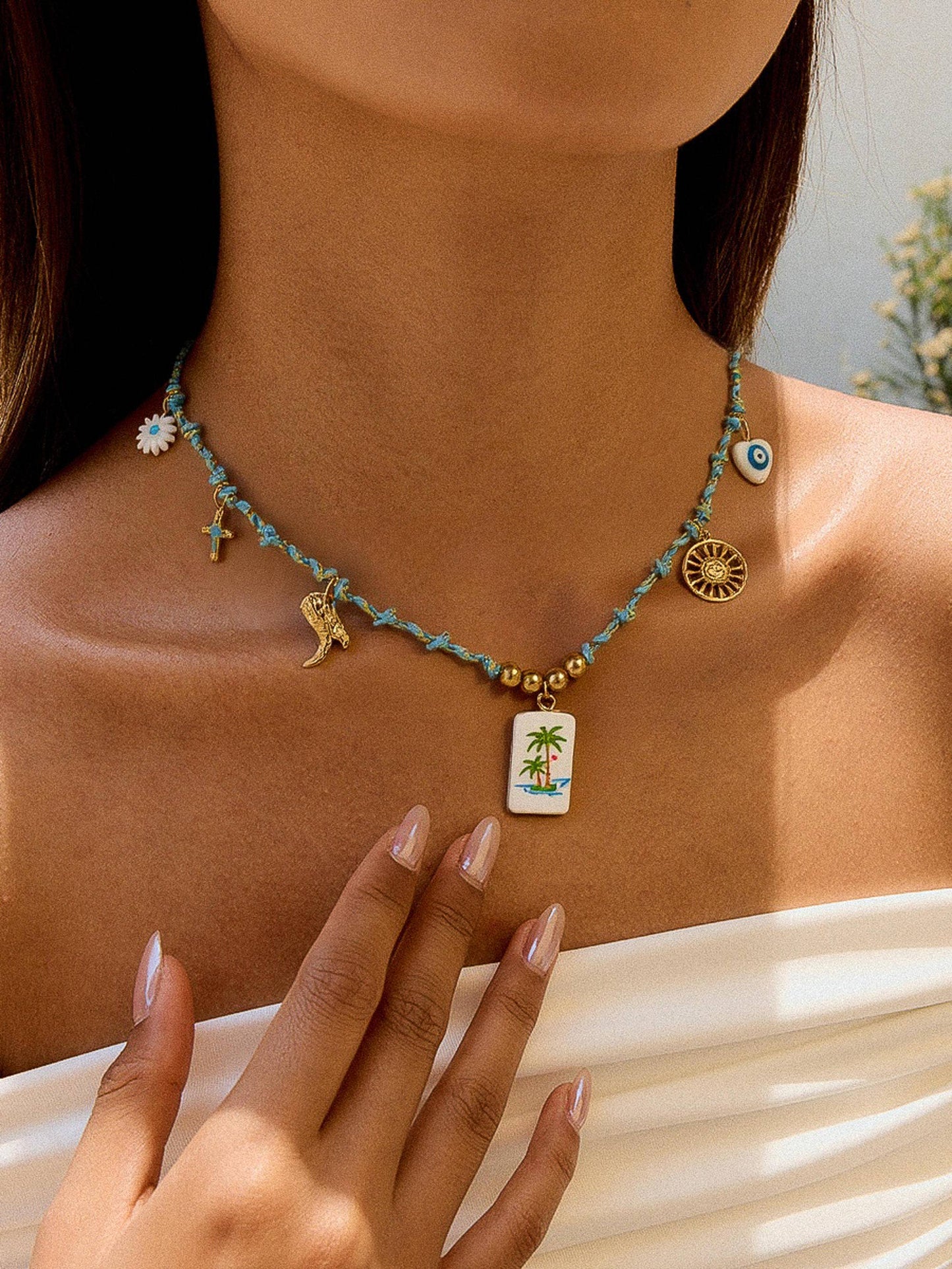 Pêche 18K Gold Non-Tarnish Vintage Charm Rope Necklace: Green