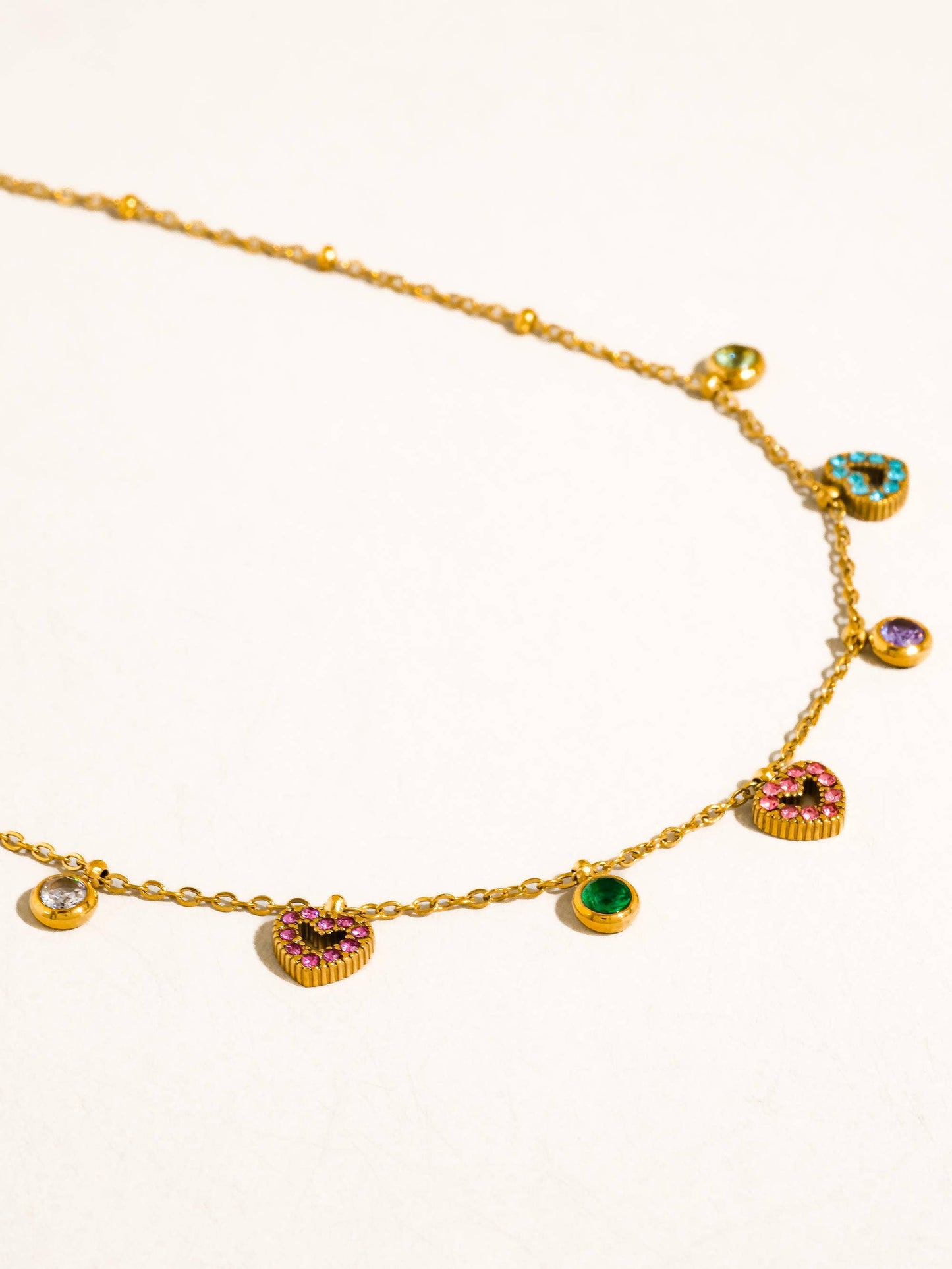 Genoa 18K Gold Non-Tarnish CZ Heart Charm Necklace: Multi-Colored
