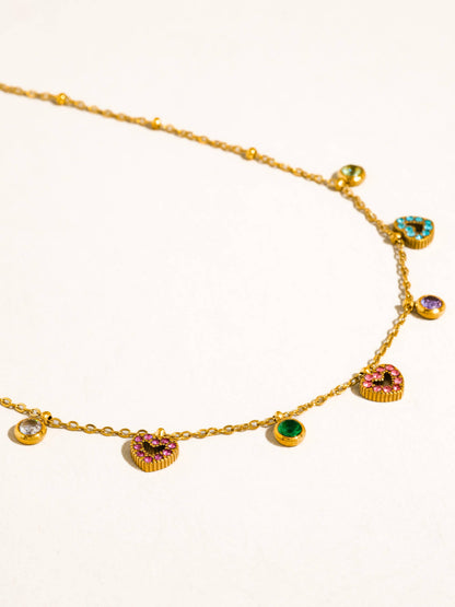 Genoa 18K Gold Non-Tarnish CZ Heart Charm Necklace: Multi-Colored