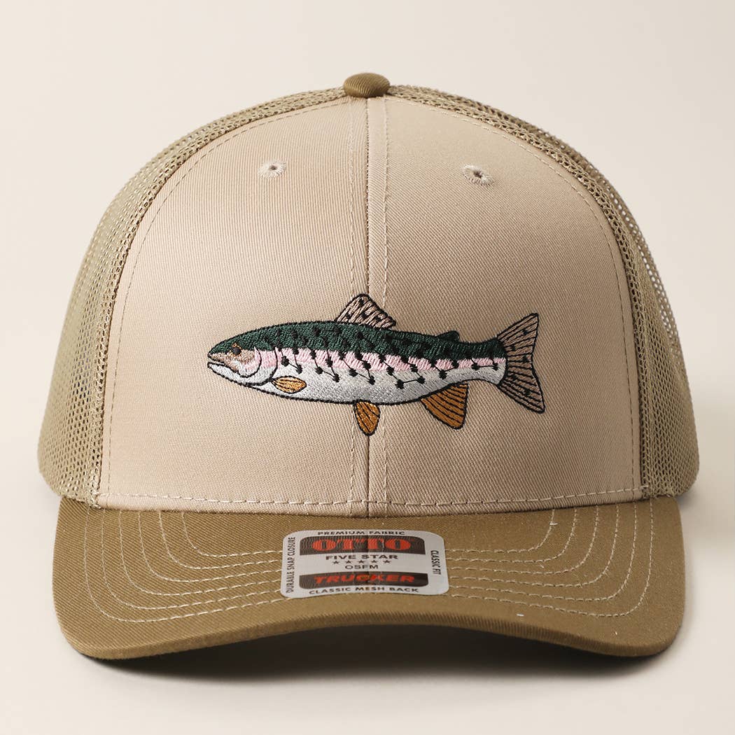 Rainbow Trout Fish Embroidered Mesh Back Trucker Hat: Black/Heather Gray/Black / ONE SIZE