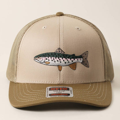 Rainbow Trout Fish Embroidered Mesh Back Trucker Hat: Black/Heather Gray/Black / ONE SIZE