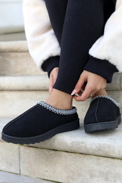 Chunky Faux Suede Embroidered Cozy Slipper Boots