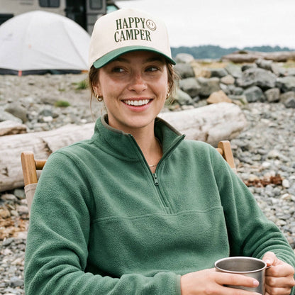 C.C HAPPY CAMPER Letter Embroidered on Two Tone Trucker Hat: Dark Green