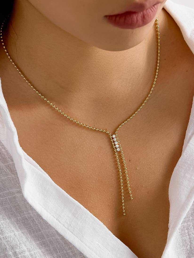 Zephine 18K Gold Non-Tarnish CZ Lariat Necklace: Yellow Gold