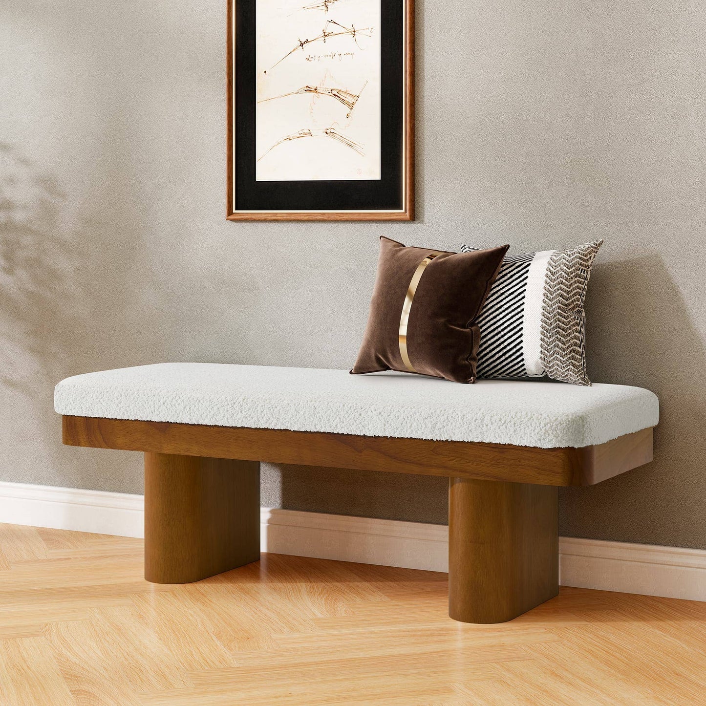 47.5" Wood Bed Bench Ottoman, Teddy Velvet Entryway Bench: Walnut