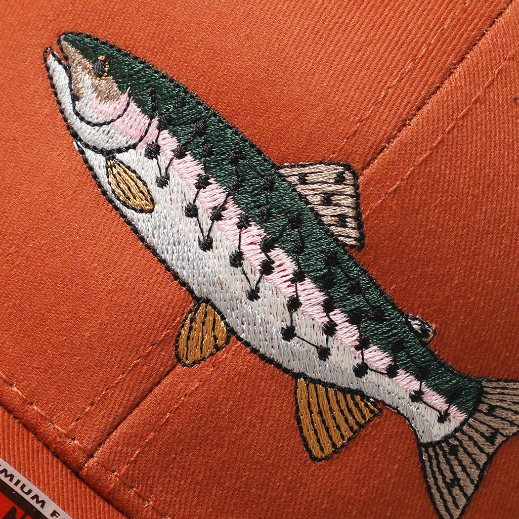 Rainbow Trout Fish Embroidered Mesh Back Trucker Hat: Black/Heather Gray/Black / ONE SIZE