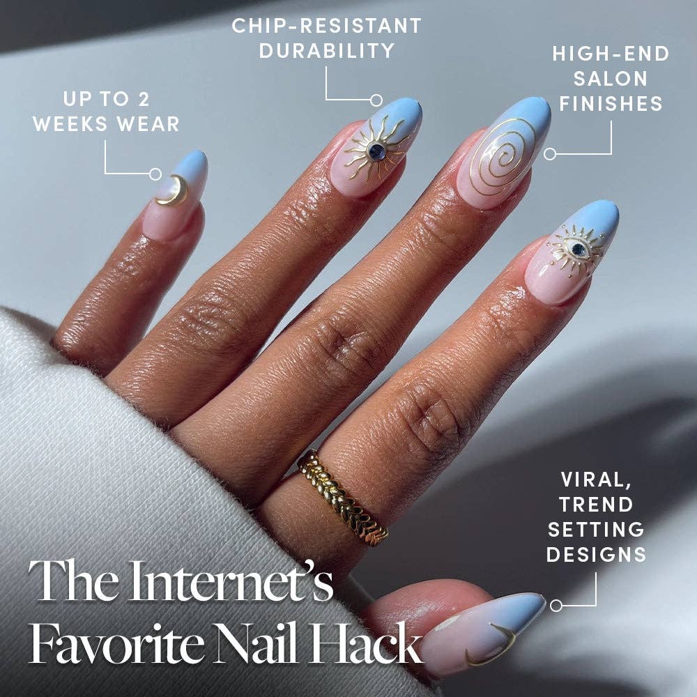 Spirited Sky Press-On Nails | Blue Gold Ombre Medium Oval