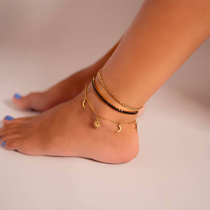 18K Gold PVD Stainless Steel Moon & Star Charm Anklet: Gold