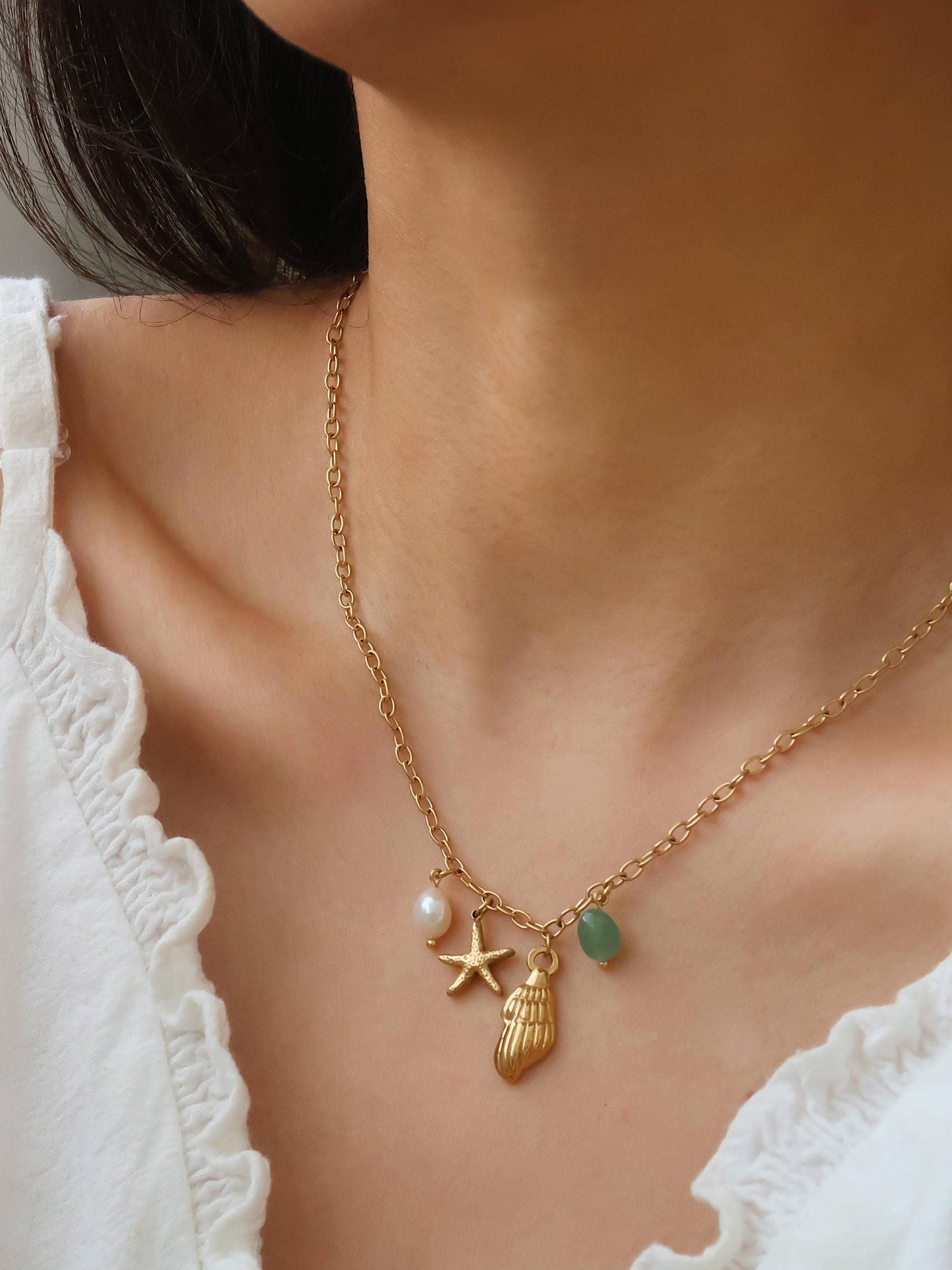 Bonbon 18K Gold Non-Tarnish Pearl and Shell Charm Necklace: Yellow Gold