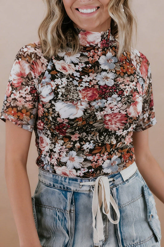 Brown Floral Print High Neck Short Sleeve Mesh Top: Brown