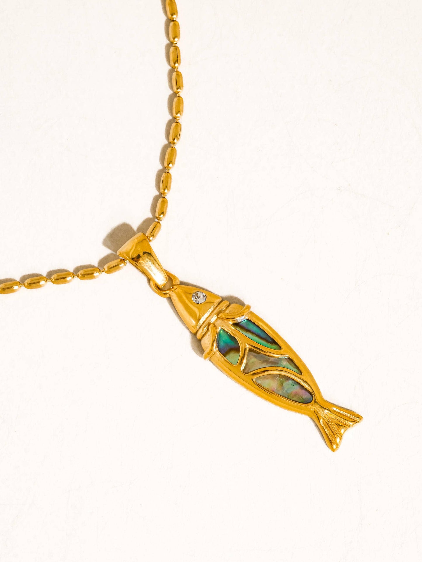 Dolphina 18K Gold Non-Tarnish Vintage Abalone Fish Necklace: Yellow Gold