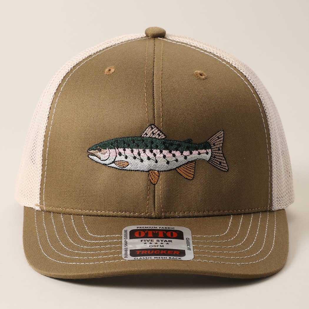 Rainbow Trout Fish Embroidered Mesh Back Trucker Hat: Black/Heather Gray/Black / ONE SIZE