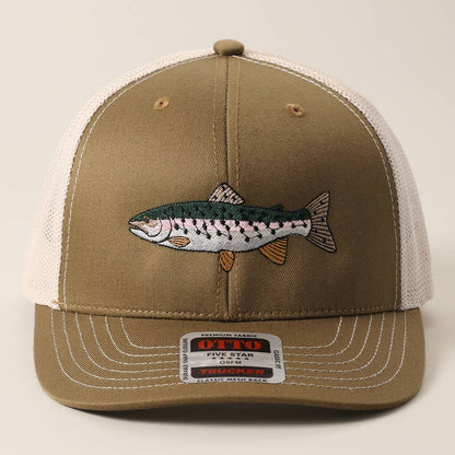 Rainbow Trout Fish Embroidered Mesh Back Trucker Hat: Black/Heather Gray/Black / ONE SIZE