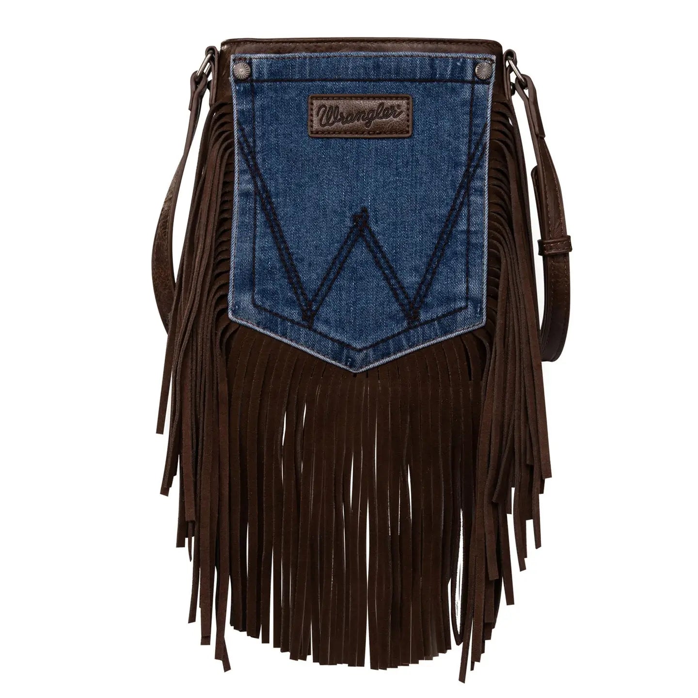 Wrangler Leather Fringe Jean Denim Pocket Crossbody - Coffee