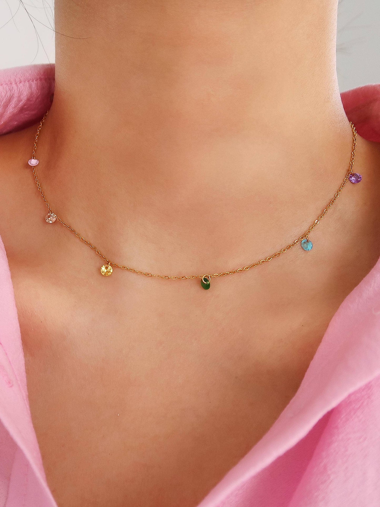 Ariana 18K Non-Tarnish Petite CZ Chain Necklace: Multi-Colored