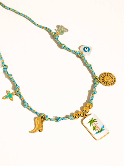 Pêche 18K Gold Non-Tarnish Vintage Charm Rope Necklace: Green