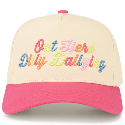 C.C OUT HERE DILLY DALLYING Letter on Two Tone Trucker Hat: Hot Pink