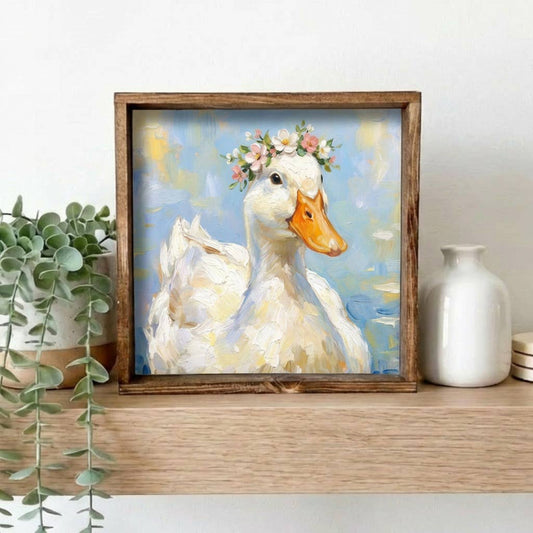 Cute Duck with Flowers Small Framed Wooden Sign