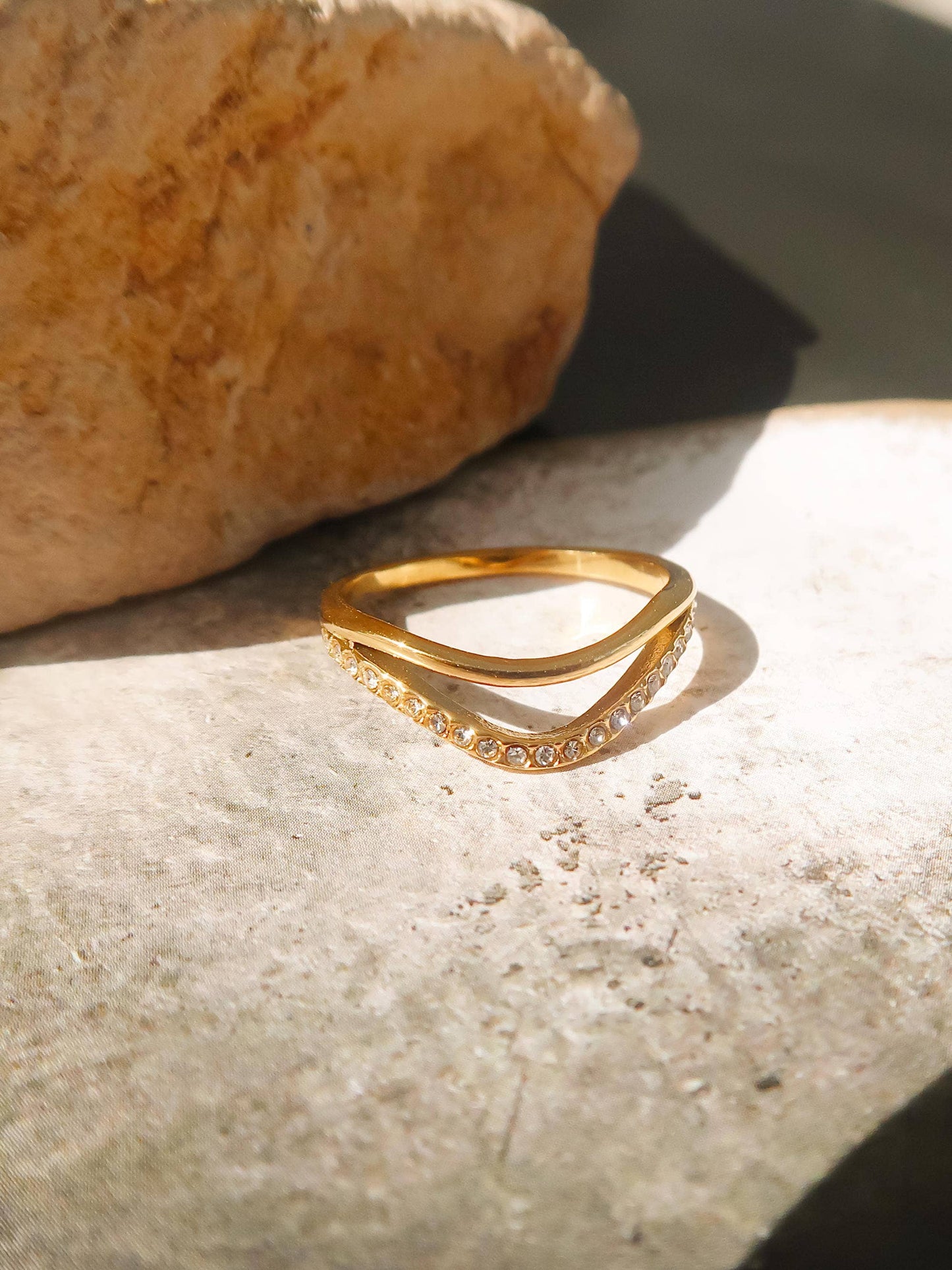 Orleans 18K Gold Non-Tarnish Layered V Rhinestone Ring: Yellow Gold / 8