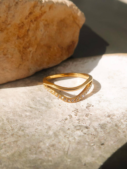Orleans 18K Gold Non-Tarnish Layered V Rhinestone Ring: Yellow Gold / 8