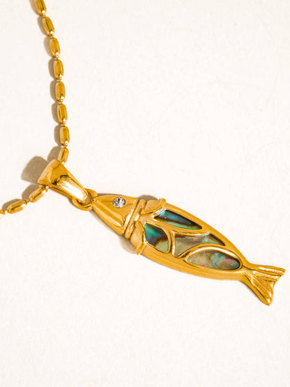 Dolphina 18K Gold Non-Tarnish Vintage Abalone Fish Necklace: Yellow Gold