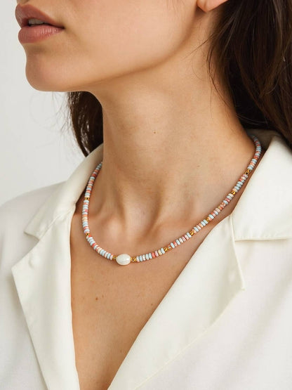 Swank Non-Tarnish Boho Beaded Pearl Necklace: Multi-Colored