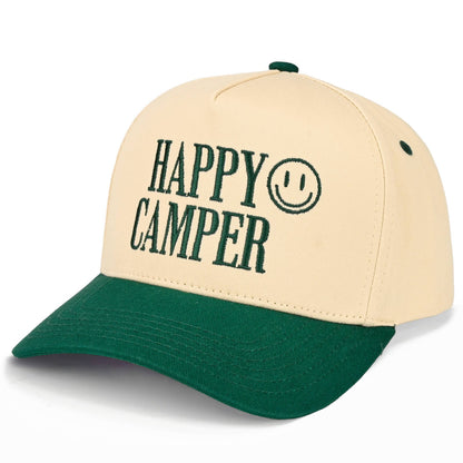 C.C HAPPY CAMPER Letter Embroidered on Two Tone Trucker Hat: Dark Green