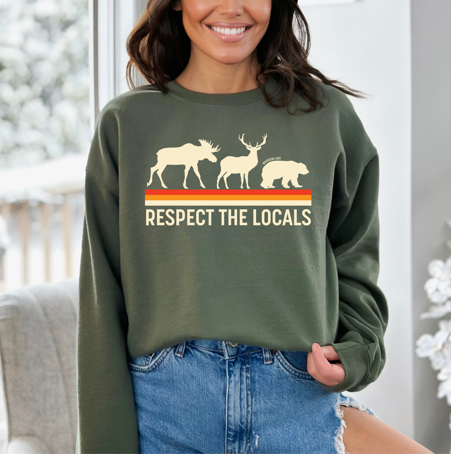 Respect The Locals Unisex Crewneck Sweatshirt | Lake Apparel | Camping Clothing: Military Green / Medium