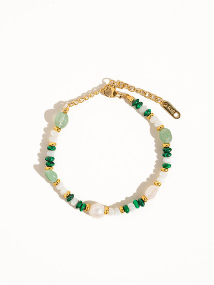 18K Non-Tarnish Bohemian Stone and Bead Bracelet: Faye-Green