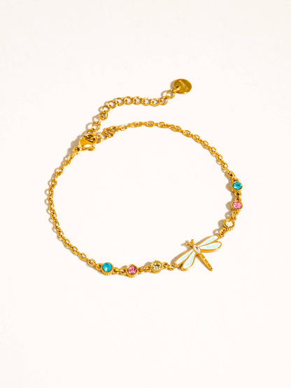 Finora 18K Gold Non-Tarnish CZ Dragonfly Chain Bracelet: Multi-Colored