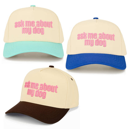 C.C ASK ME ABOUT MY DOG Letter on Two Tone Trucker Hat: Brown