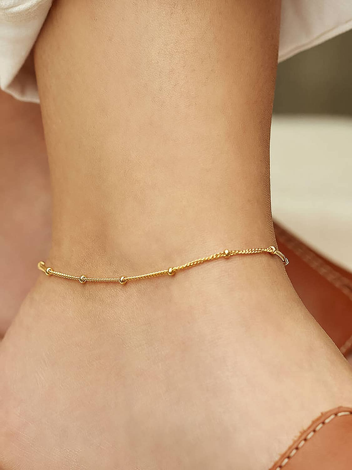 Vivi 18K Gold Non-Tarnish Classic Beaded Chain Anklets: Yellow Gold