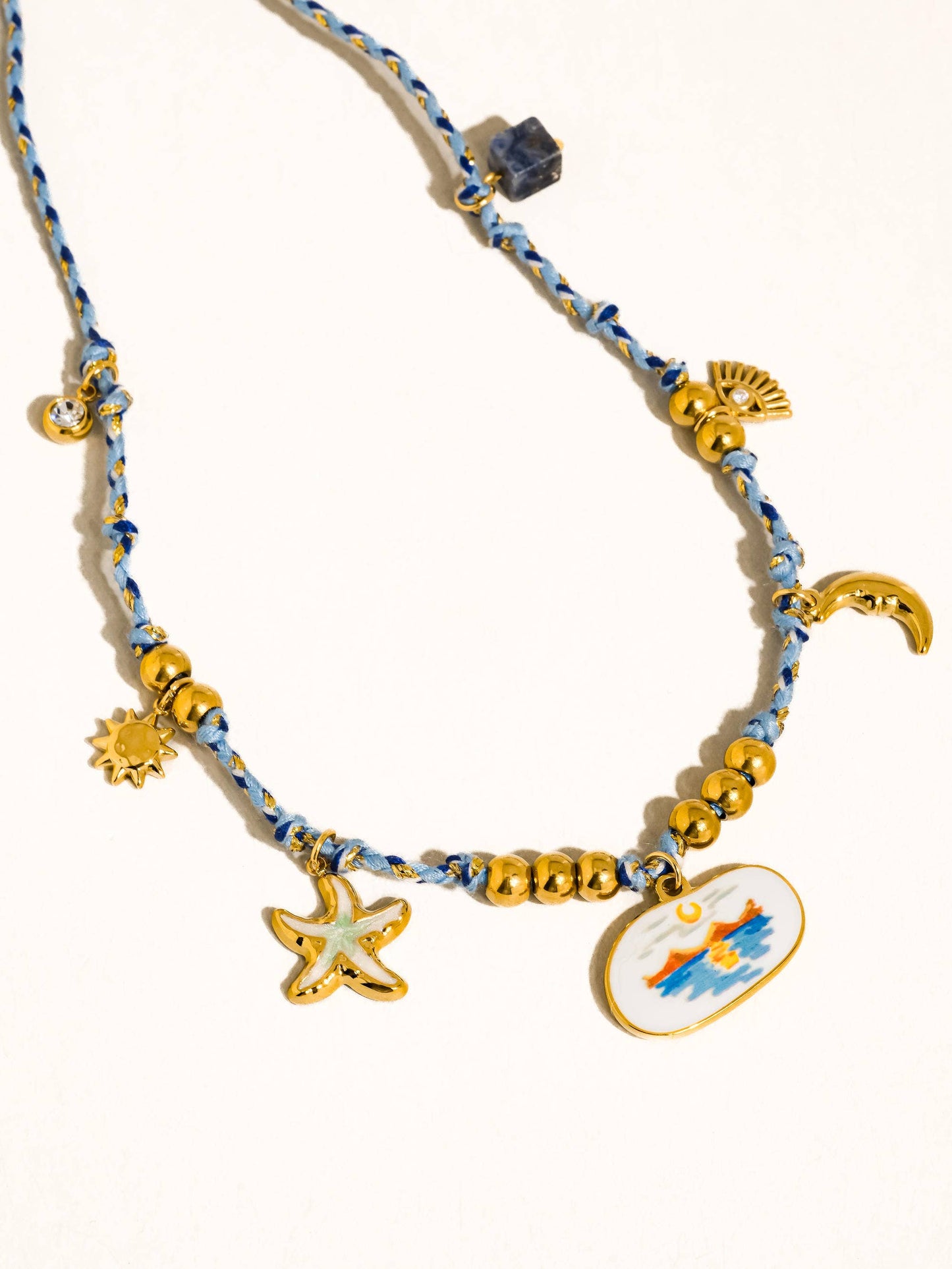 Pêche 18K Gold Non-Tarnish Vintage Charm Rope Necklace: Green
