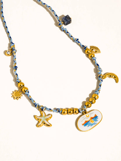 Pêche 18K Gold Non-Tarnish Vintage Charm Rope Necklace: Green