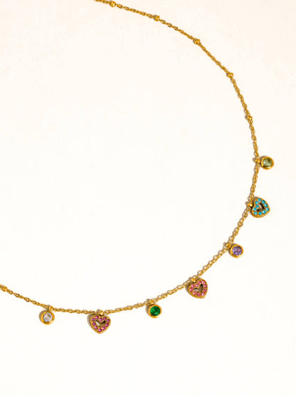Genoa 18K Gold Non-Tarnish CZ Heart Charm Necklace: Multi-Colored
