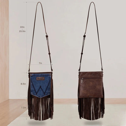 Wrangler Leather Fringe Jean Denim Pocket Crossbody - Coffee