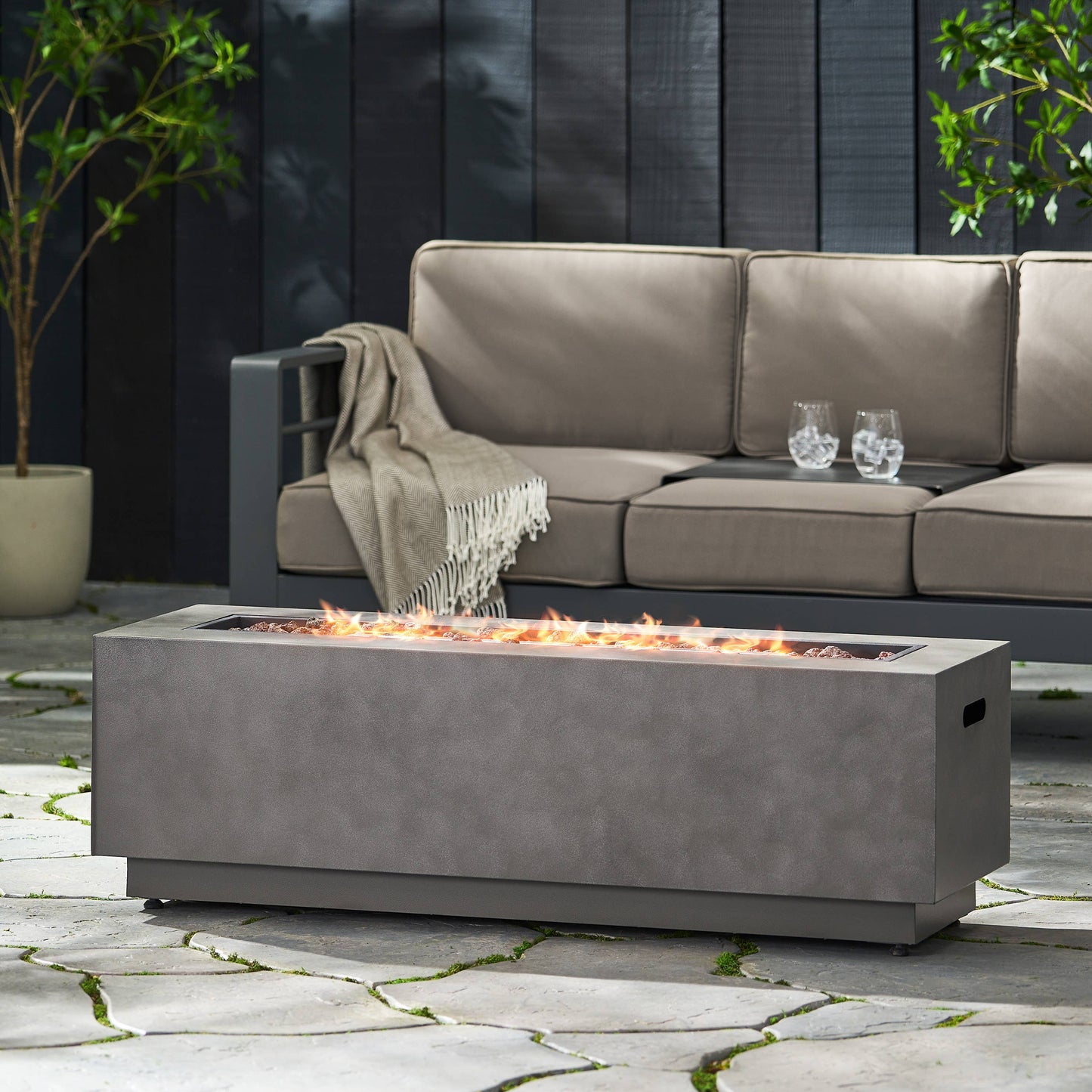 Rectangular Iron Fire Pit 50000 BTU for Patio: Stone Gray