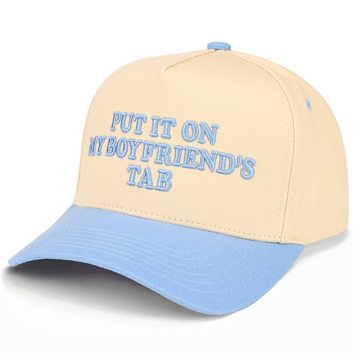 C.C PUT IT ON MY BOYFRIEND'S TAB Letter Two Tone Trucker Hat: Sky Blue